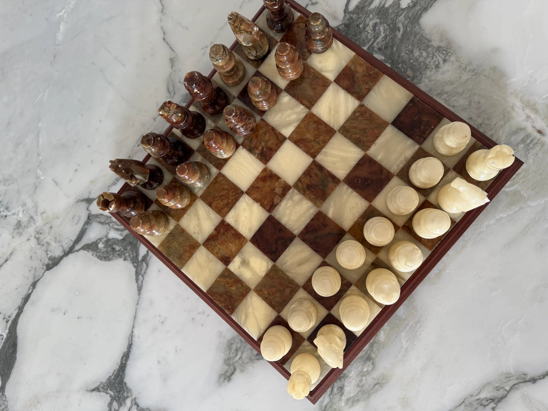 Uniek marmeren schaakspel bruin / crème